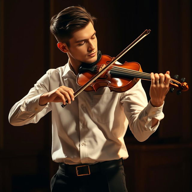 A handsome male violinist wearing a long-sleeved white shirt and black pants, exuding a manly presence with neatly styled hair