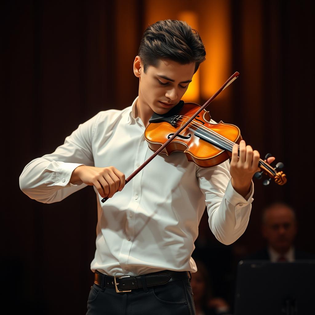 A handsome male violinist wearing a long-sleeved white shirt and black pants, exuding a manly presence with neatly styled hair