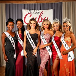 A stunning scene featuring six elegant women representing different regions of Cuba