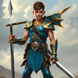 A young warrior with a muscular body, wearing sleek titanium armor that is painted in a striking sky blue and gold