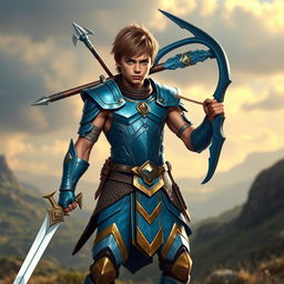 A young warrior with a muscular body, wearing sleek titanium armor that is painted in a striking sky blue and gold