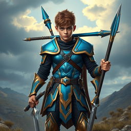 A young warrior with a muscular body, wearing sleek titanium armor that is painted in a striking sky blue and gold