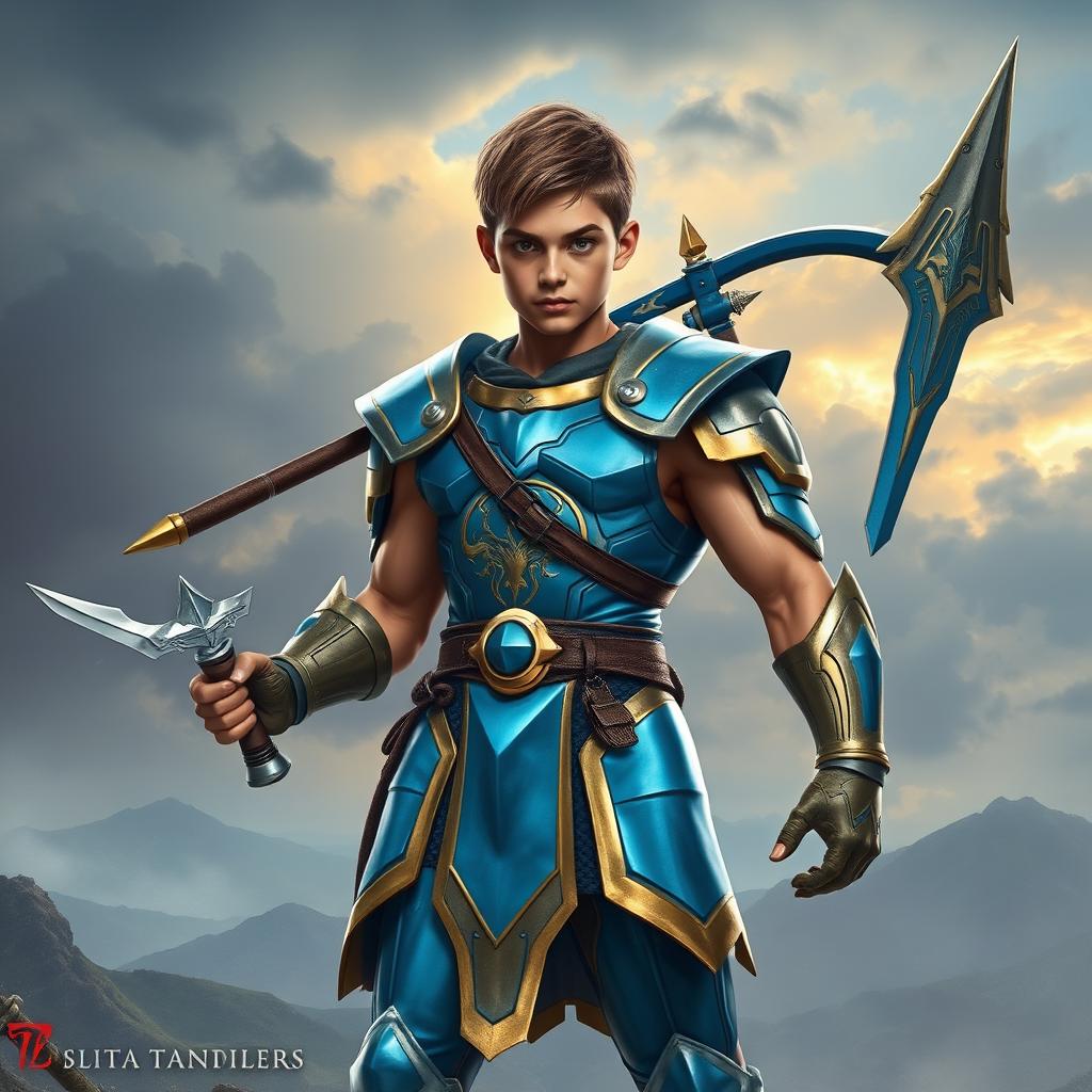 A young warrior with a muscular body, wearing sleek titanium armor that is painted in a striking sky blue and gold