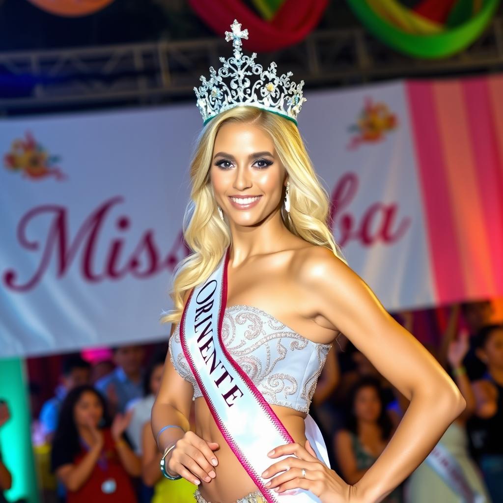 A stunning blonde woman with an elegant posture and a beautiful figure poses proudly in front of a banner that reads 'Miss Cuba'