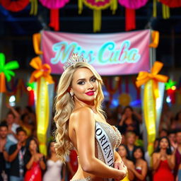 A stunning blonde woman with an elegant posture and a beautiful figure poses proudly in front of a banner that reads 'Miss Cuba'