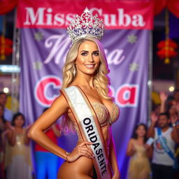 A stunning blonde woman with an elegant posture and a beautiful figure poses proudly in front of a banner that reads 'Miss Cuba'