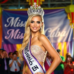 A stunning blonde woman with an elegant posture and a beautiful figure poses proudly in front of a banner that reads 'Miss Cuba'