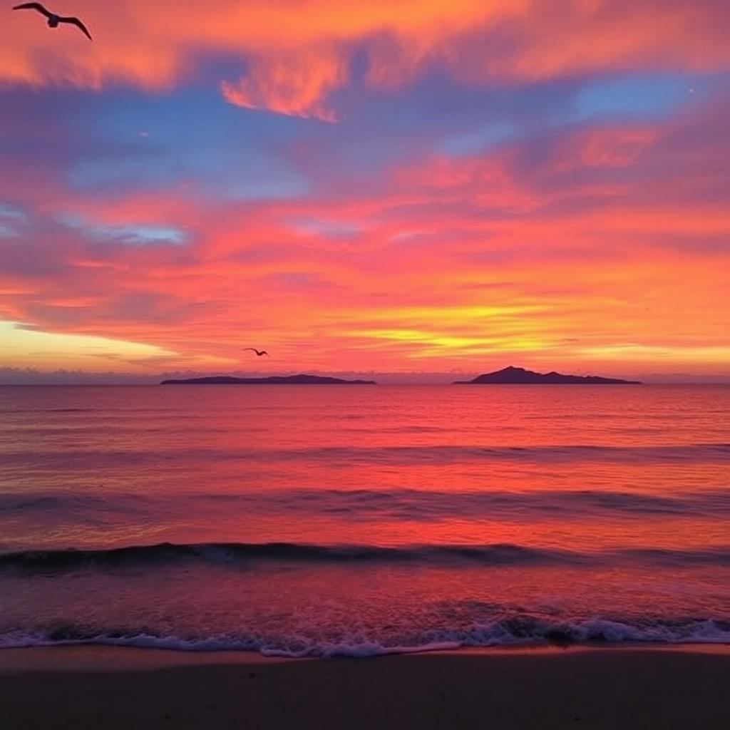 A beautiful sunset over a tranquil ocean, the sky painted in vibrant hues of orange, pink, and purple