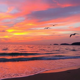 A beautiful sunset over a tranquil ocean, the sky painted in vibrant hues of orange, pink, and purple
