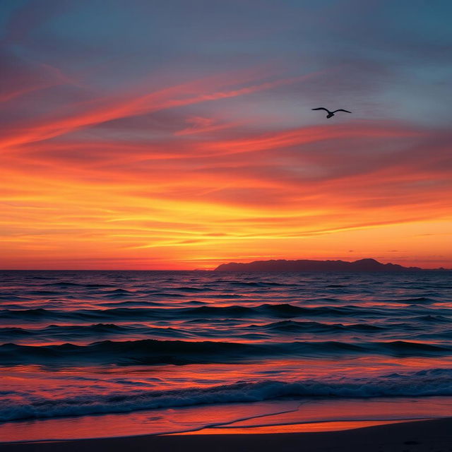 A beautiful sunset over a tranquil ocean, the sky painted in vibrant hues of orange, pink, and purple