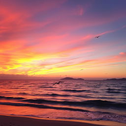 A beautiful sunset over a tranquil ocean, the sky painted in vibrant hues of orange, pink, and purple