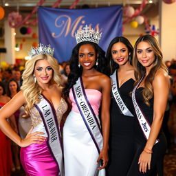 A stunning blonde woman with an elegant figure poses proudly in front of a banner that reads 'Miss Cuba'