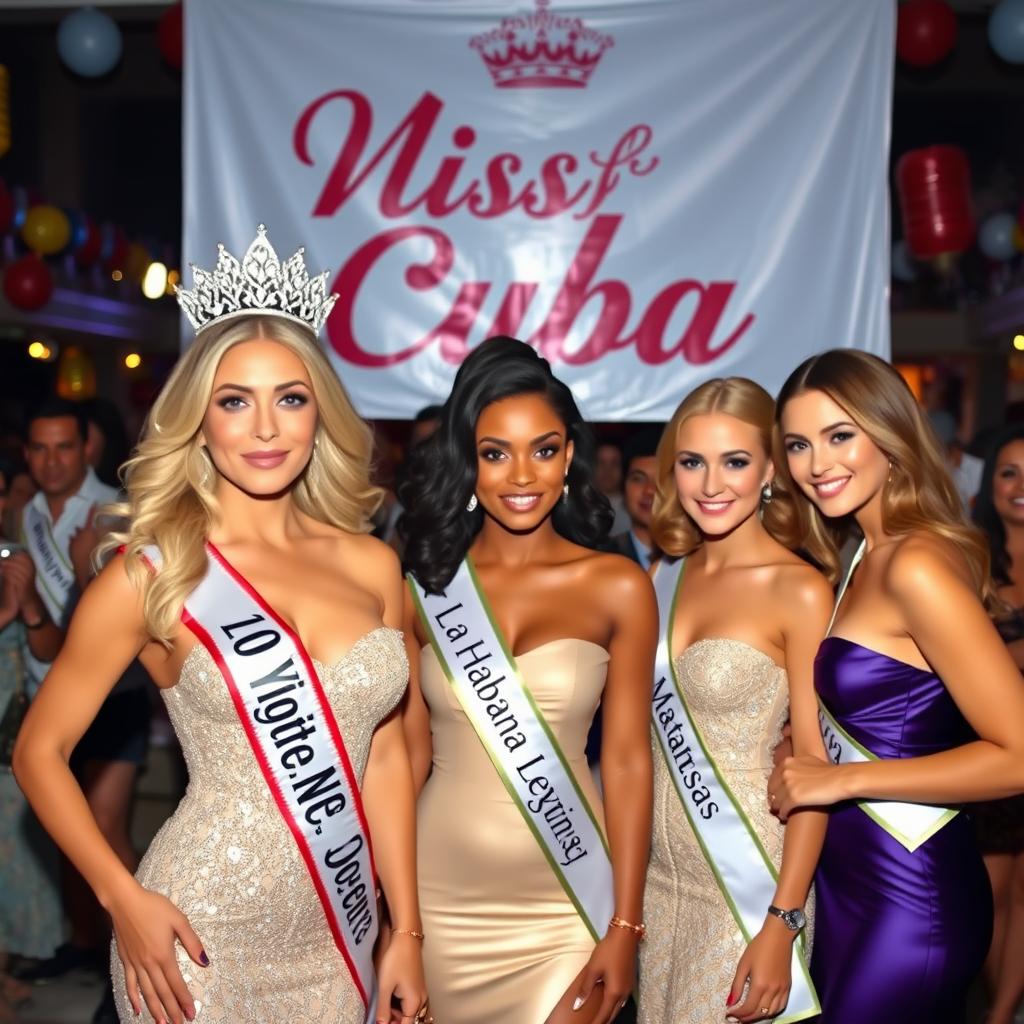 A stunning blonde woman with an elegant figure poses proudly in front of a banner that reads 'Miss Cuba'
