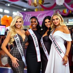 A stunning blonde woman with an elegant figure poses proudly in front of a banner that reads 'Miss Cuba'