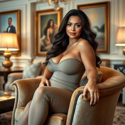 A beautiful, curvy woman with an alluring presence, sitting gracefully on a plush armchair in a luxurious living room