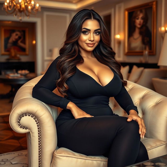 A beautiful, curvy woman with an alluring presence, sitting gracefully on a plush armchair in a luxurious living room