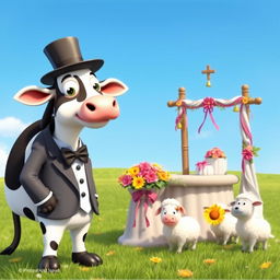 A humorous scene depicting a cow dressed as a groom, complete with a tuxedo and a small top hat, standing next to a decorated wedding altar surrounded by colorful flowers