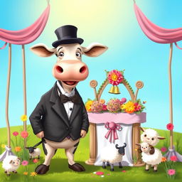 A humorous scene depicting a cow dressed as a groom, complete with a tuxedo and a small top hat, standing next to a decorated wedding altar surrounded by colorful flowers