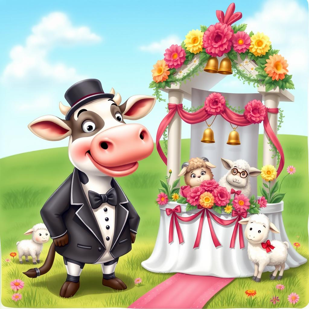 A humorous scene depicting a cow dressed as a groom, complete with a tuxedo and a small top hat, standing next to a decorated wedding altar surrounded by colorful flowers