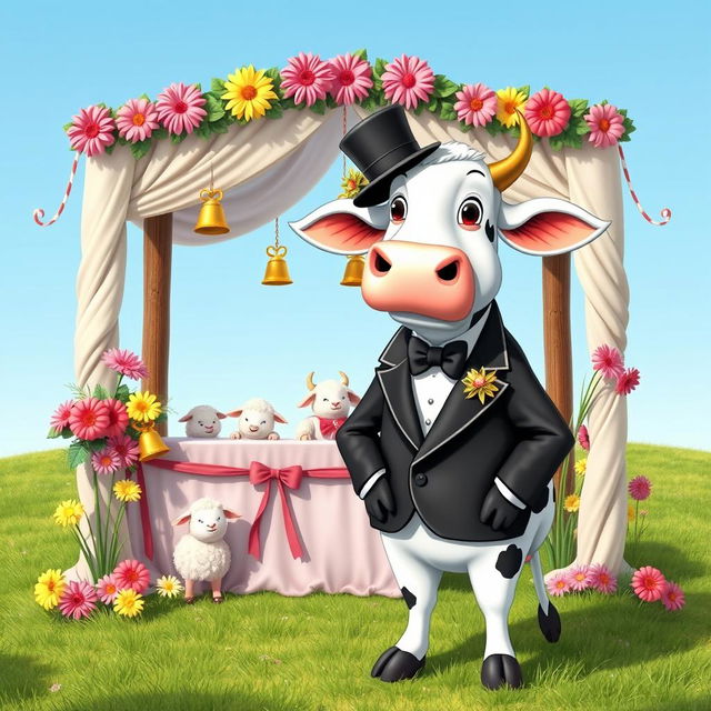 A humorous scene depicting a cow dressed as a groom, complete with a tuxedo and a small top hat, standing next to a decorated wedding altar surrounded by colorful flowers