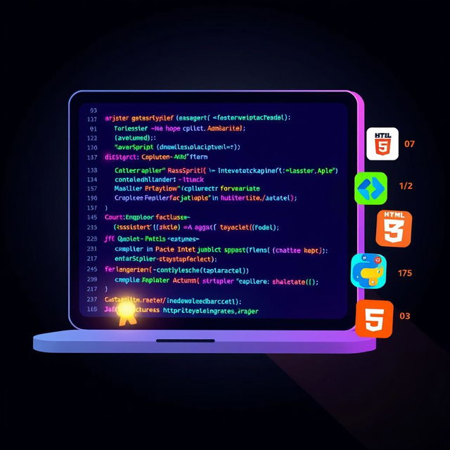 A styled profile-sized illustration of an animated computer coding page, showcasing colorful lines of code on a sleek dark background