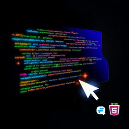 A styled profile-sized illustration of an animated computer coding page, showcasing colorful lines of code on a sleek dark background