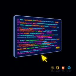 A styled profile-sized illustration of an animated computer coding page, showcasing colorful lines of code on a sleek dark background