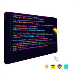 A styled profile-sized illustration of an animated computer coding page, showcasing colorful lines of code on a sleek dark background