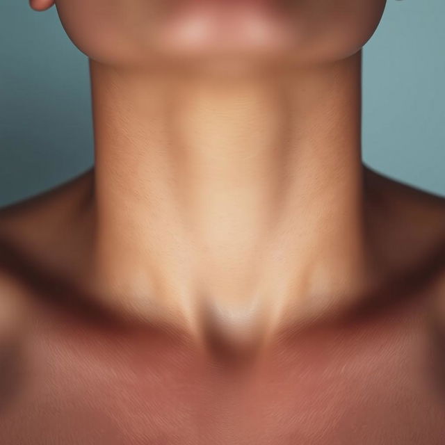 A close-up, artistic photograph of a human neck showcasing a centered Adam's apple