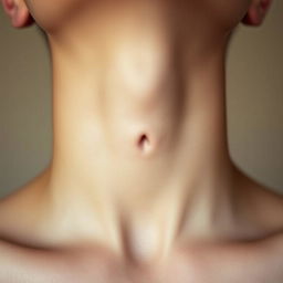 A close-up, artistic photograph of a human neck showcasing a centered Adam's apple