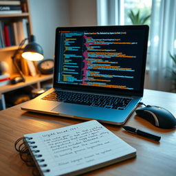 A sleek coding workspace featuring a modern laptop displaying lines of colorful code on the screen
