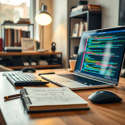 A sleek coding workspace featuring a modern laptop displaying lines of colorful code on the screen