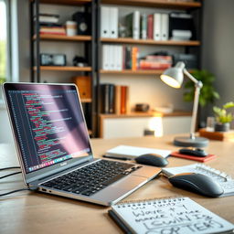 A sleek coding workspace featuring a modern laptop displaying lines of colorful code on the screen