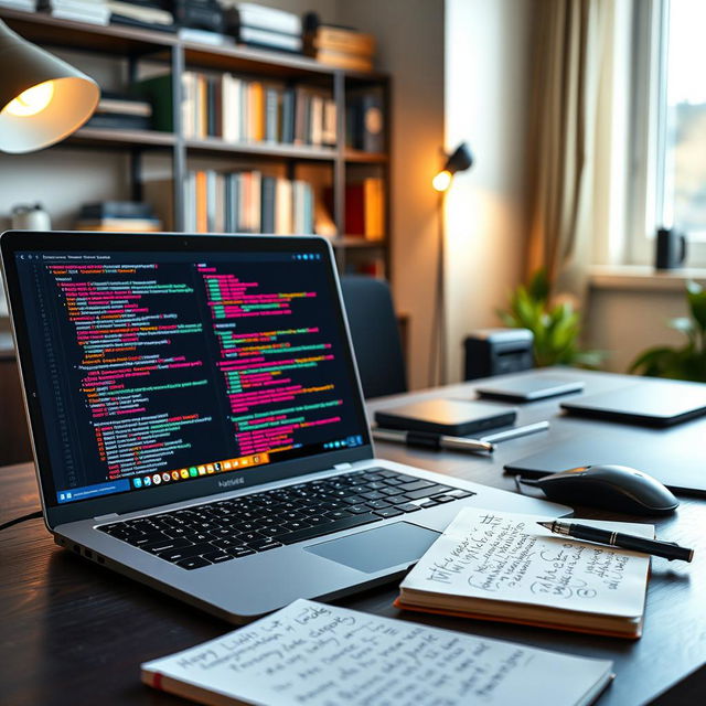 A sleek coding workspace featuring a modern laptop displaying lines of colorful code on the screen