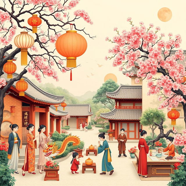 An intricate and vibrant depiction of Chinese culture featuring traditional elements such as a beautiful dragon dance, ornate lanterns, and cherry blossom trees