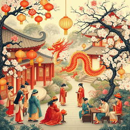An intricate and vibrant depiction of Chinese culture featuring traditional elements such as a beautiful dragon dance, ornate lanterns, and cherry blossom trees
