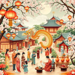 An intricate and vibrant depiction of Chinese culture featuring traditional elements such as a beautiful dragon dance, ornate lanterns, and cherry blossom trees
