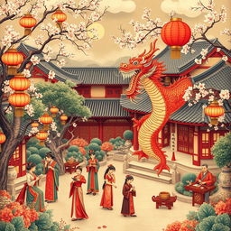 An intricate and vibrant depiction of Chinese culture featuring traditional elements such as a beautiful dragon dance, ornate lanterns, and cherry blossom trees