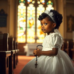 A young Black girl with almond-shaped eyes, dressed in a beautiful white communion gown adorned with lace, kneeling in prayer
