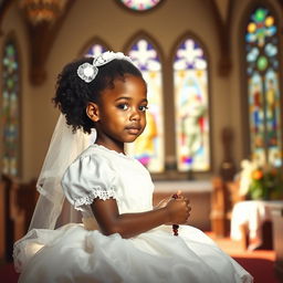A young Black girl with almond-shaped eyes, dressed in a beautiful white communion gown adorned with lace, kneeling in prayer