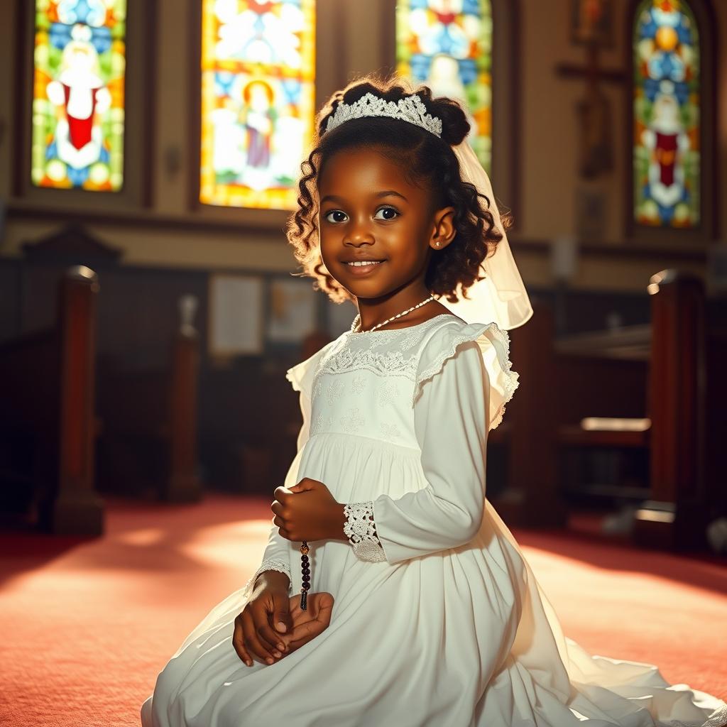 A young Black girl with almond-shaped eyes, dressed in a beautiful white communion gown adorned with lace, kneeling in prayer
