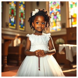 A young Black girl with almond-shaped eyes, dressed in a beautiful white communion gown adorned with lace, kneeling in prayer
