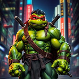 A unique character combining the features of Teenage Mutant Ninja Turtles and the Hulk