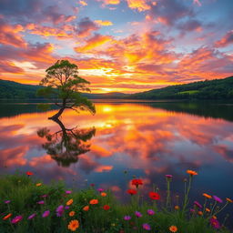 A serene landscape featuring a beautiful sunset over a tranquil lake, surrounded by lush green forests