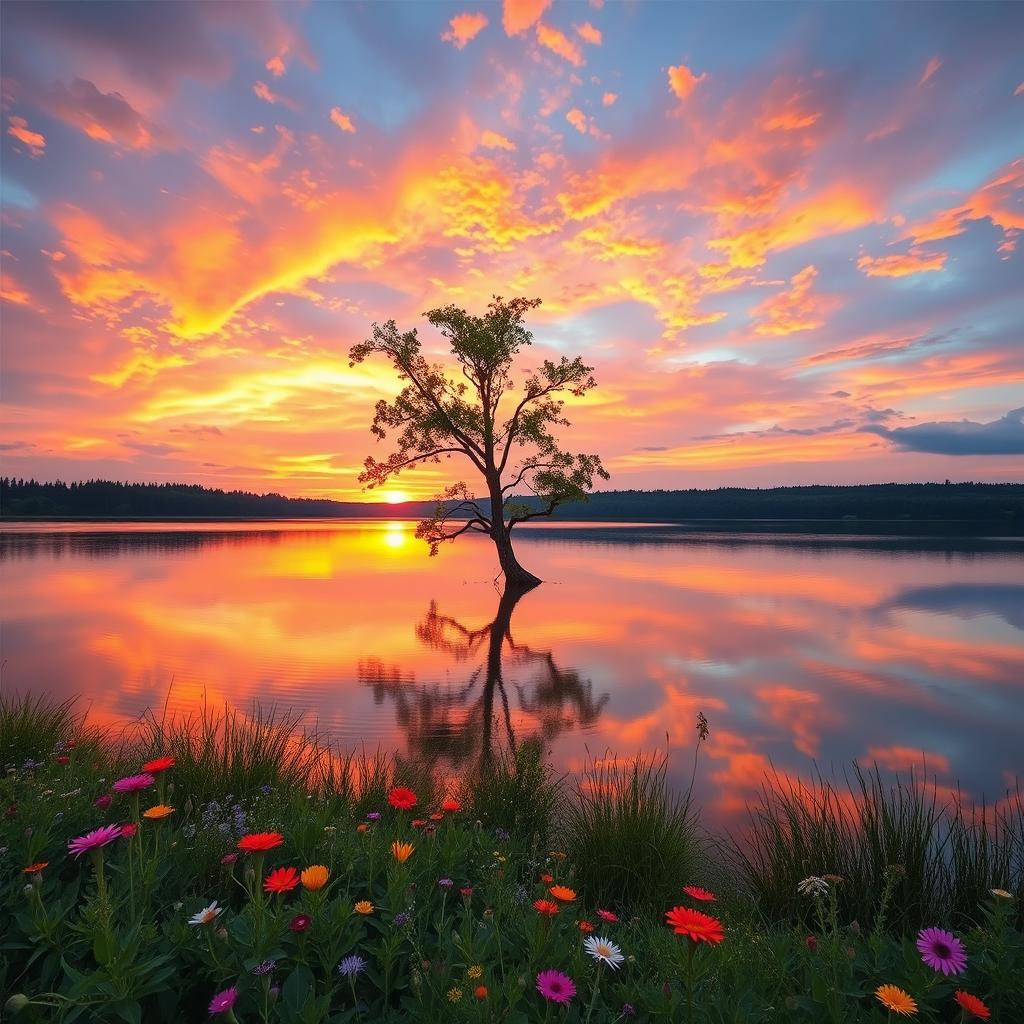 A serene landscape featuring a beautiful sunset over a tranquil lake, surrounded by lush green forests