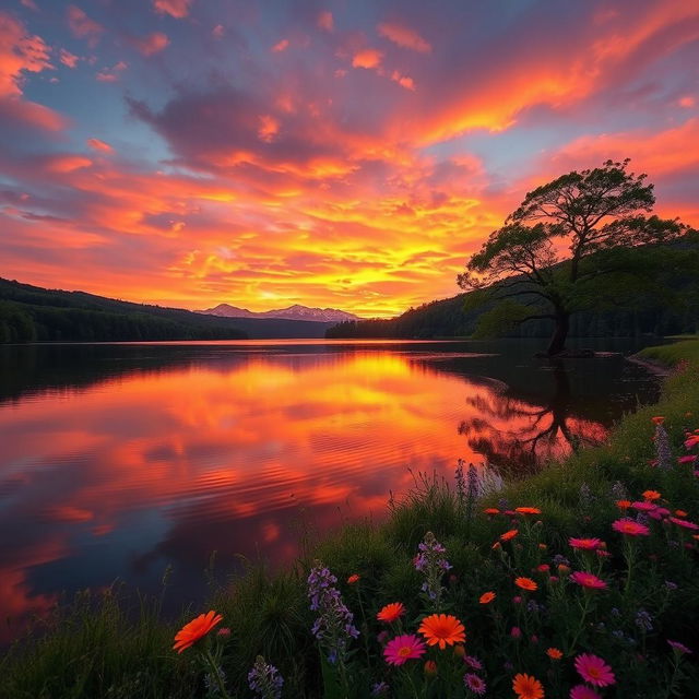 A serene landscape featuring a beautiful sunset over a tranquil lake, surrounded by lush green forests