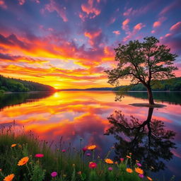 A serene landscape featuring a beautiful sunset over a tranquil lake, surrounded by lush green forests