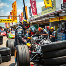 A lively scene featuring a vibrant pitstop during a thrilling motorsport event