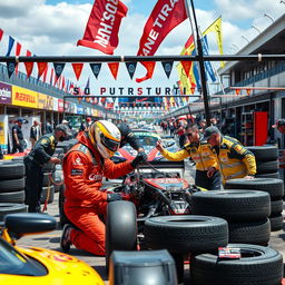 A lively scene featuring a vibrant pitstop during a thrilling motorsport event