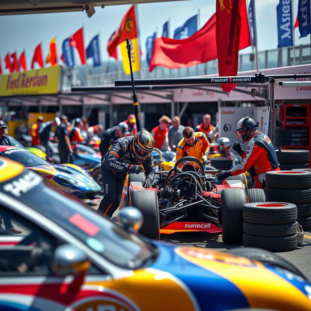 A lively scene featuring a vibrant pitstop during a thrilling motorsport event